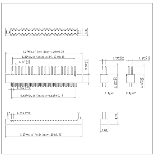 1.27mm IDC flat cable headers section DIP plug connector (Terminated Height 5.1)