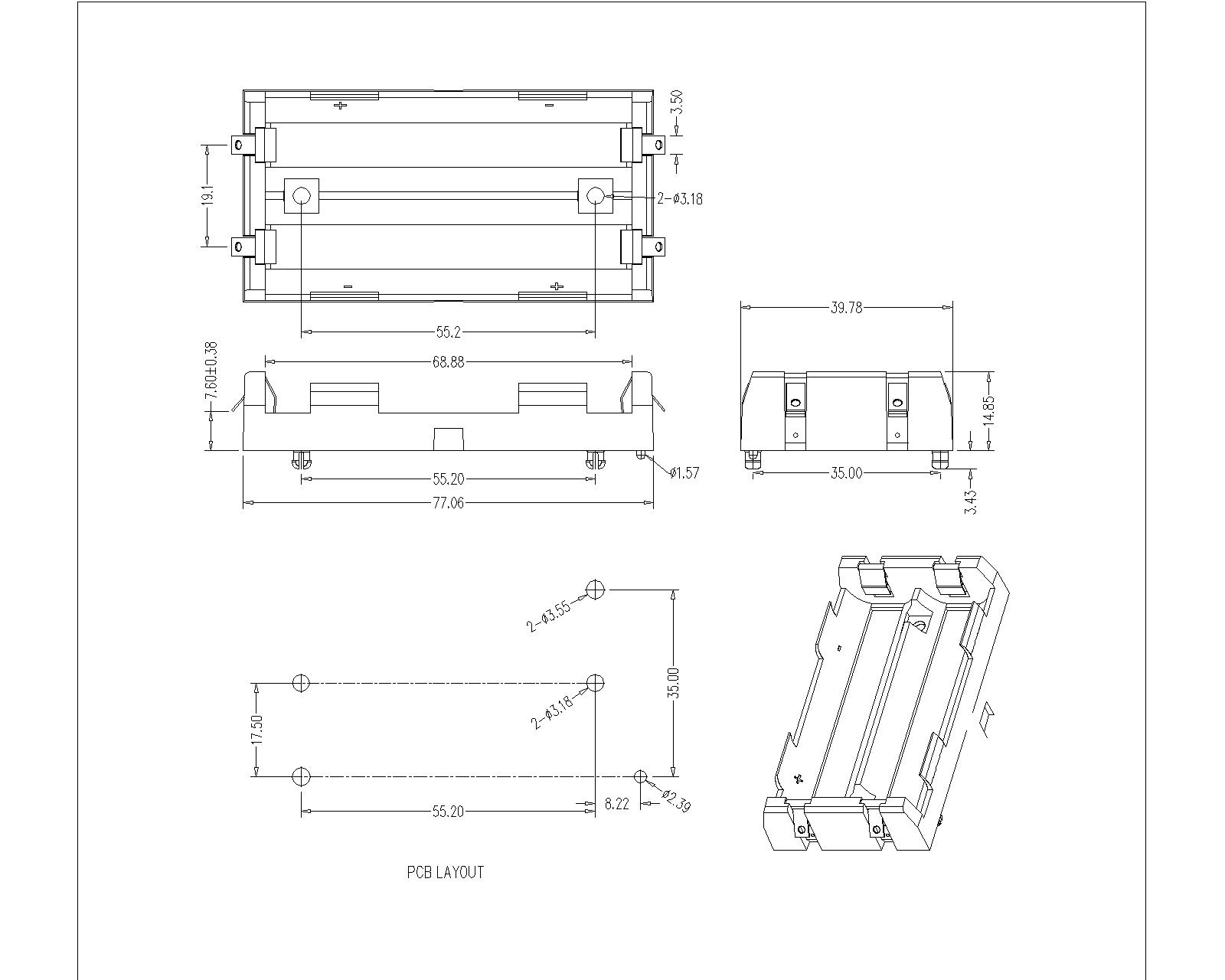 Dual Battery Holder For 18650 Solder Tail