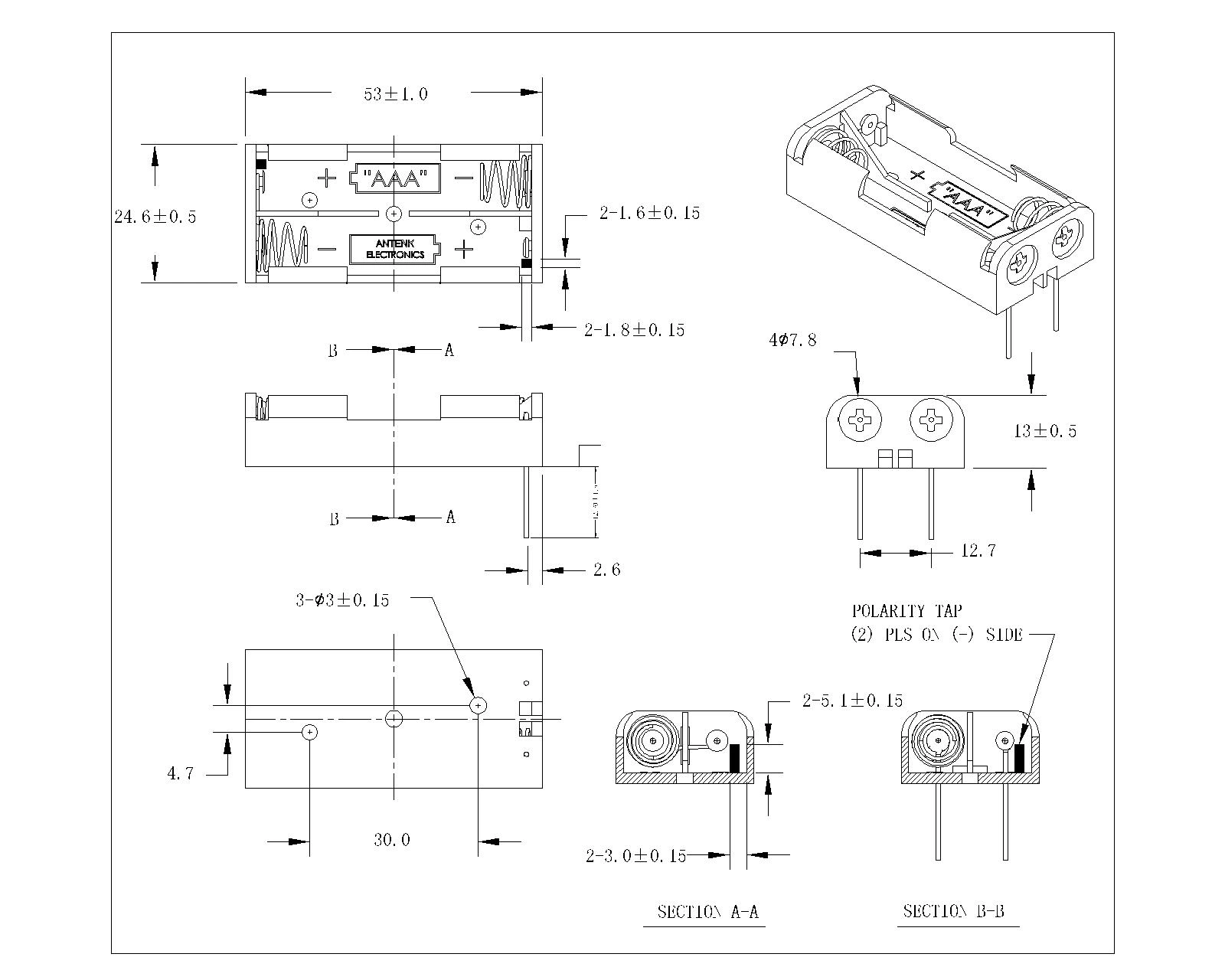 DUAL AAA BATTERY HOLDER DIP TYPE