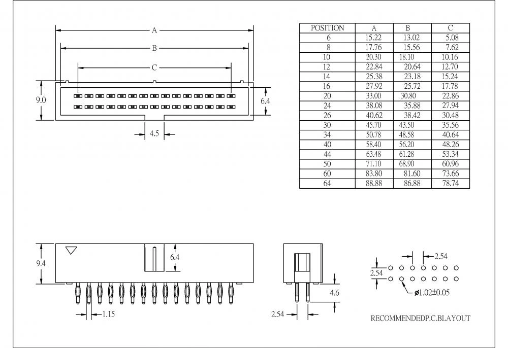 2.54 mm Dual Row Shrouded Box Header DIP 180° type H=9.40mm