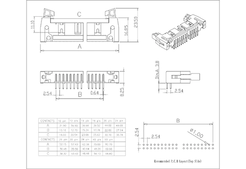 2.54mm(0.100") Pitch Male Ejector Header Header DIP 90° Double Row With Special Short Latch