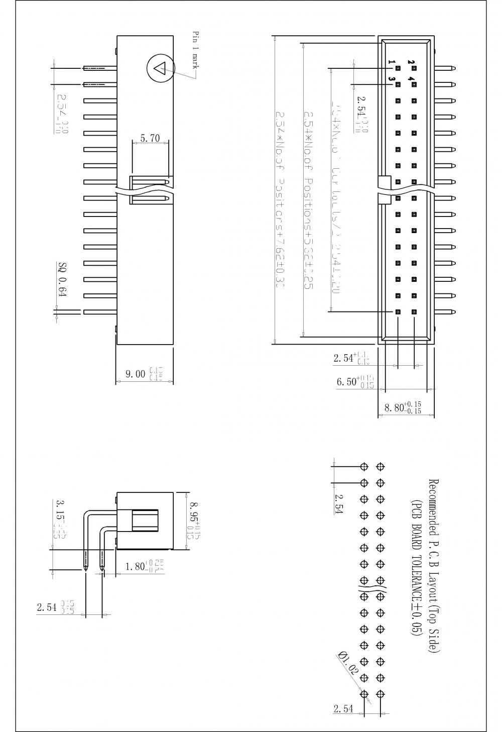 2.54mm(.100") Pitch Dual Row Box/Shrouded Headers DIP 90° type H=9.0